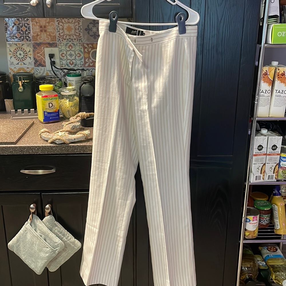 Looks white and tan pin stripe trousers